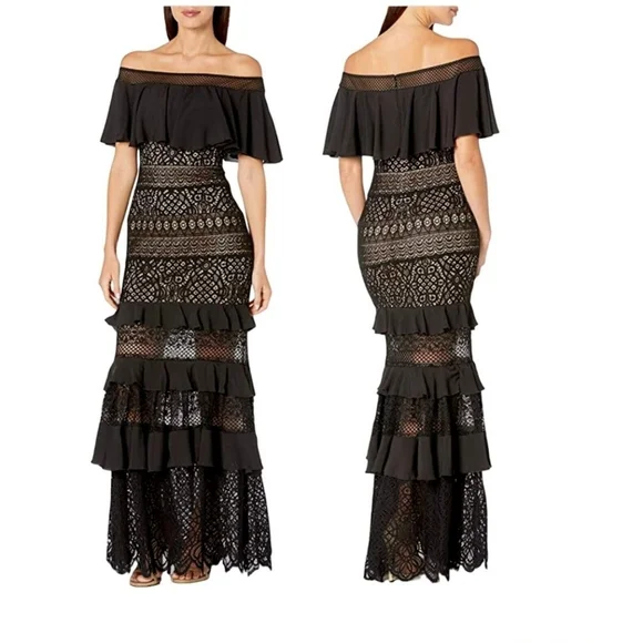 Tadashi Shoji Alexia Off-The-Shoulder Gown size 8 EUC Black Tan gown